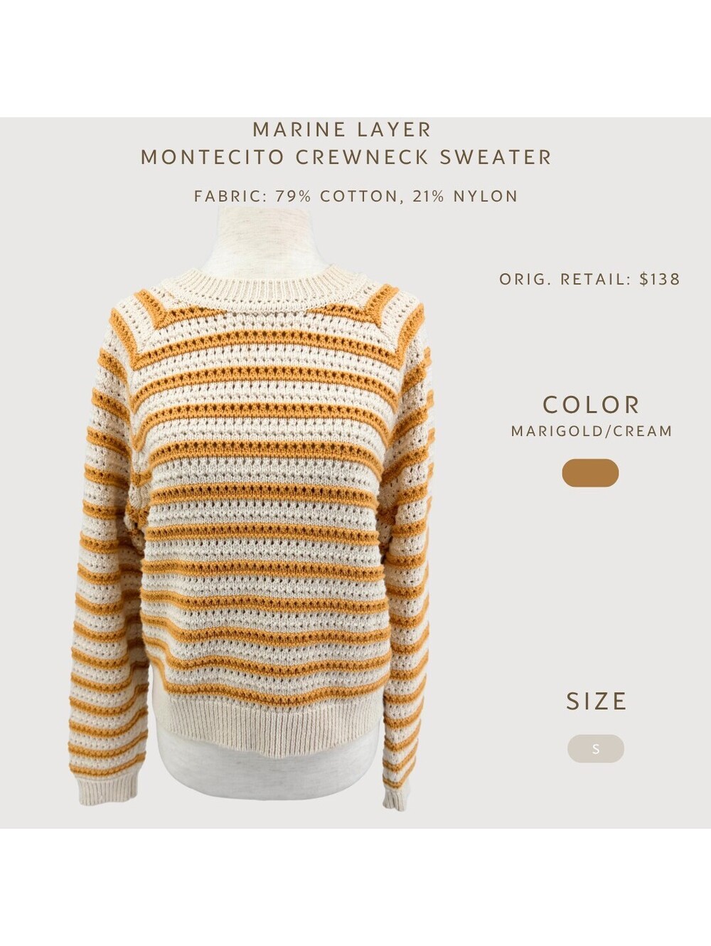 Marine Layer Montecito Crewneck Stripe Sweater S - Picture 2 of 9